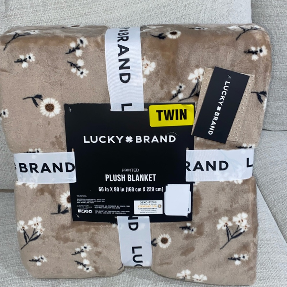 Lucky Brand Twin Printed Plush Blanket Tan Cream Floral Sunflower